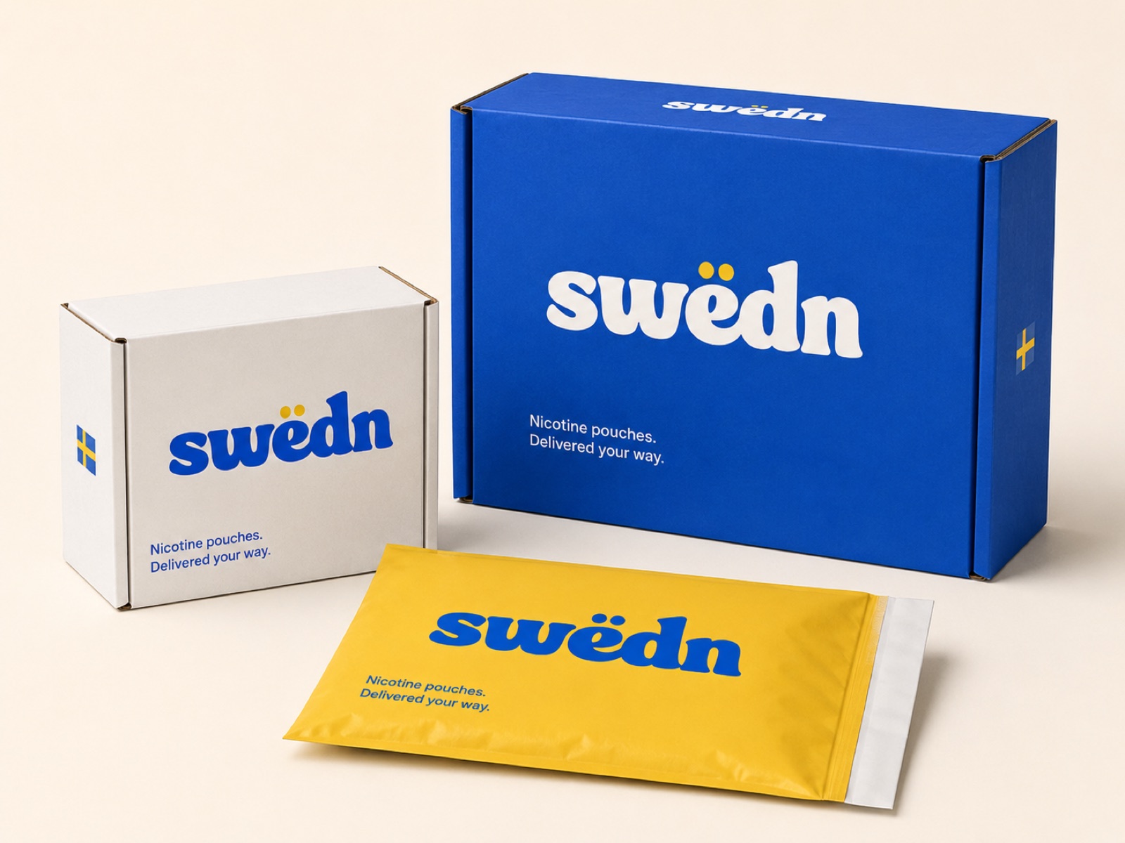 Swedn delivery packaging: a large blue mailer box, a white carton, and a yellow poly mailer, each printed with the swedn wordmark and the line 'Nicotine pouches. Delivered your way.'