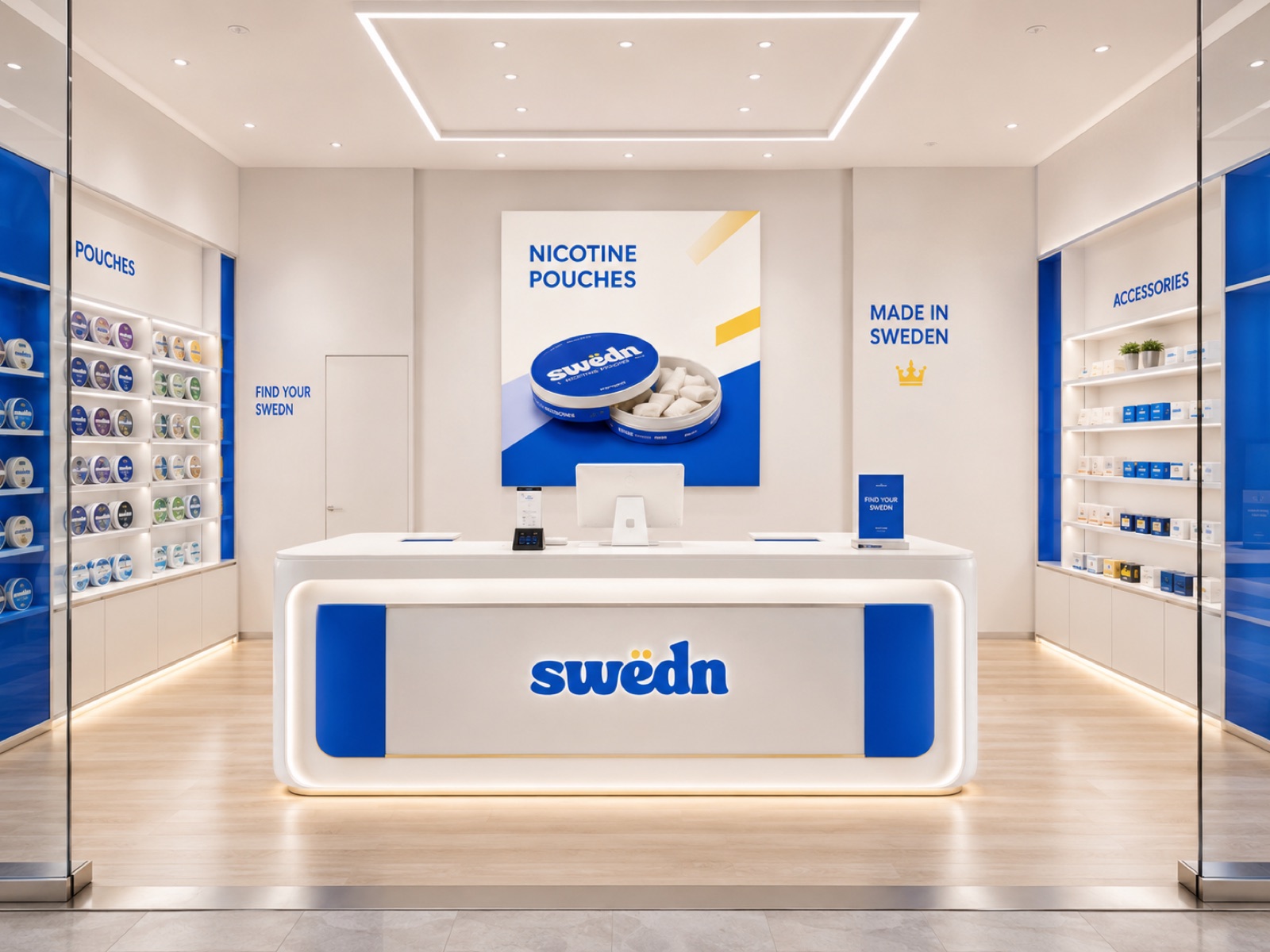 Swedn store interior: a white illuminated counter with the swedn wordmark, blue display bays of nicotine pouch tins on both walls, and wall signage in brand blue.