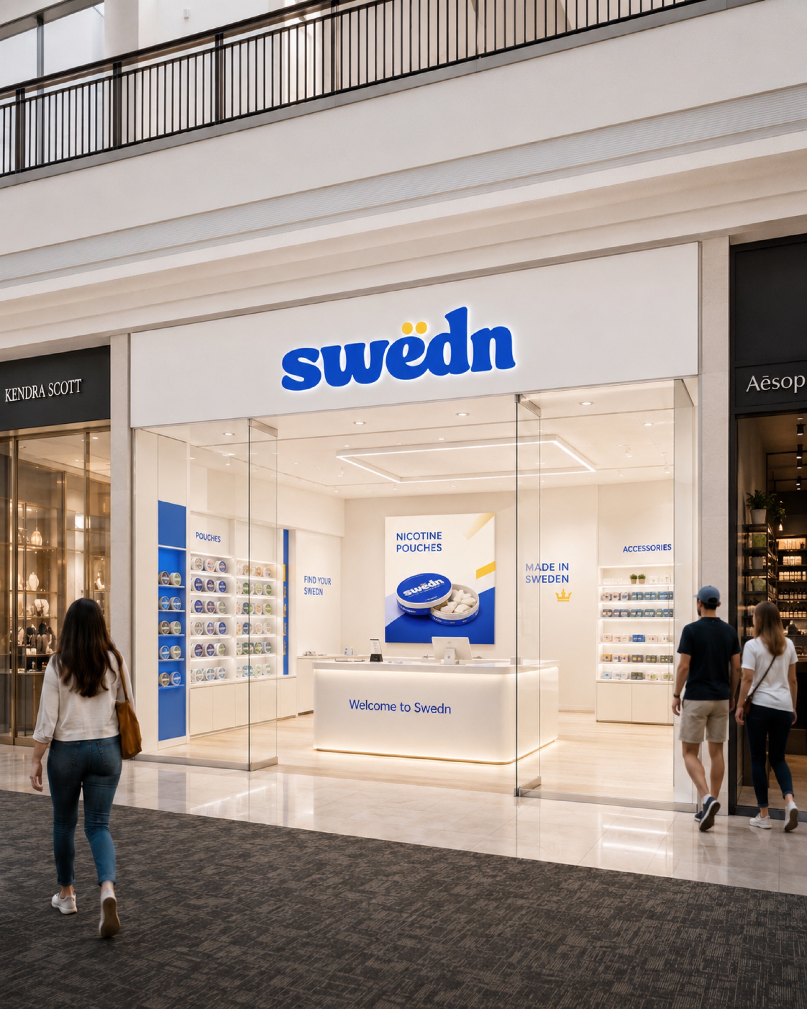 Swedn mall storefront: illuminated blue swedn sign on a white fascia above a glass front, with blue display bays and an illuminated white counter inside.